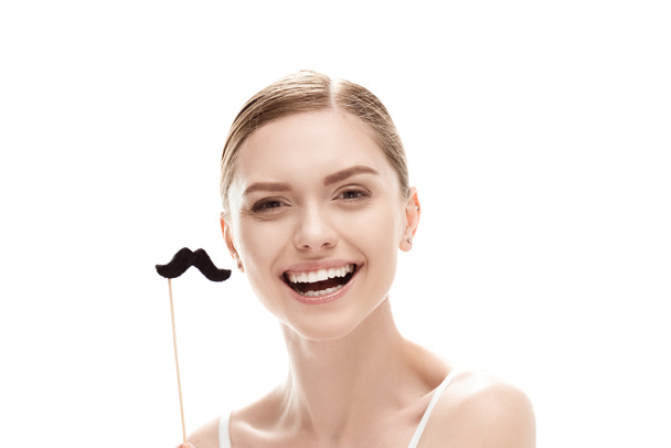 woman with black mustaches on stick - Φωτογραφία, εικόνα