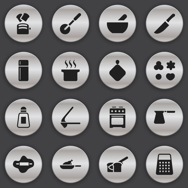 Conjunto de 16 iconos de alimentos editables. Incluye símbolos como trituradora, cafetera, rodillo de cuchillo y más. Puede ser utilizado para el diseño de la tela, móvil, interfaz de usuario e infografía
. - Vector, imagen