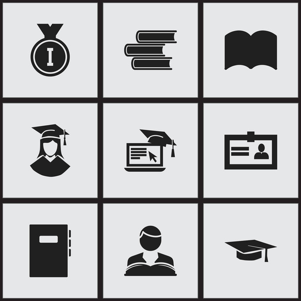 Conjunto de 9 ícones editáveis da escola. Inclui símbolos como aprendizagem à distância, feminino graduado, chapéu de graduação e muito mais. Pode ser usado para Web, Mobile, UI e design infográfico
. - Vetor, Imagem