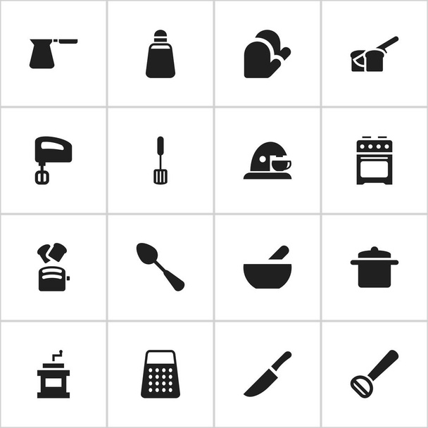 Conjunto de 16 iconos de alimentos editables. Incluye símbolos tales como amoladora Mocha, cuchillo, cucharada y más. Puede ser utilizado para el diseño de la tela, móvil, interfaz de usuario e infografía
. - Vector, Imagen