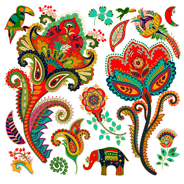 Kolorowe elementy dekoracyjne. Paisley, kwiaty ozdobne, ptak, słoń. Indyjski ornament - Wektor, obraz