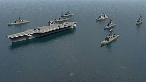 American Aircraft Carrier con destructores y un crucero en el Océano Pacífico hacia Corea del Norte. renderizado 3d
 - Foto, imagen
