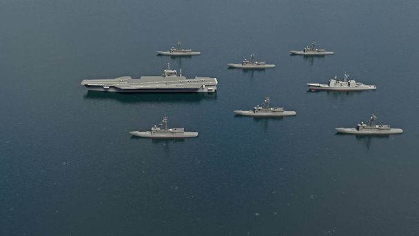 Porte-avions américain avec destroyers et un croiseur dans l'océan Pacifique vers la Corée du Nord. Rendu 3d
 - Photo, image