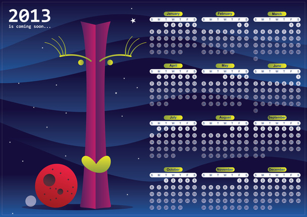 ημερολόγιο 2013 με χαρακτήρα και δύο πλανήτες - Διάνυσμα, εικόνα