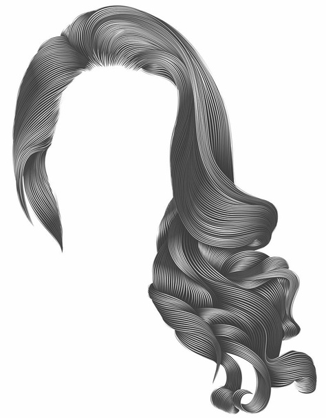 γυναίκα μοντέρνα μακριά σγουρά μαλλιά περούκα γκρι χρώματα. ρετρό στυλ. να - Διάνυσμα, εικόνα