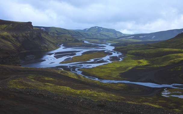 Famous icelandic popular tourist destination and hiking hub in Iceland's highlands Landmannalaugar colorful mountains landscape view, South Iceland - Φωτογραφία, εικόνα