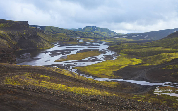 Famous icelandic popular tourist destination and hiking hub in Iceland's highlands Landmannalaugar colorful mountains landscape view, South Iceland - 写真・画像