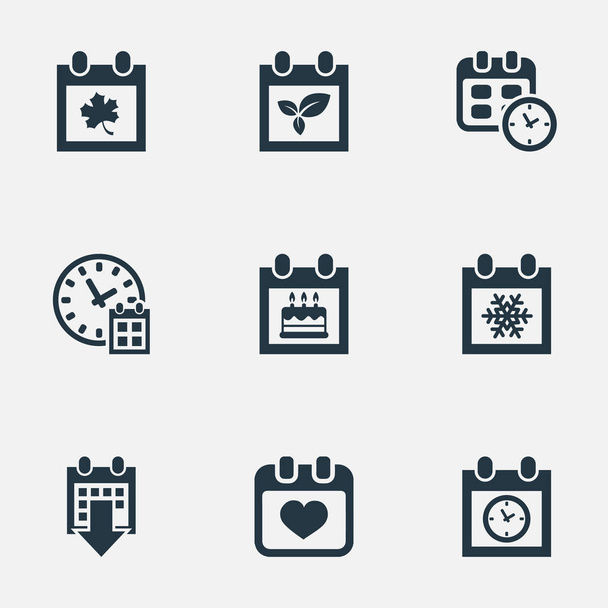 Vector illustratie Set van Simple Plan iconen. Elementen Deadline, geschiedenis, blad en andere synoniemen herfst, hart en klok. - Vector, afbeelding