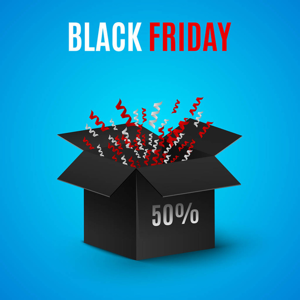 black Friday. A realistic black box on a light blue background. Flashing ribbons, tinsel, candy, ornaments. Explosion of a dark box. Place for your projects - Вектор,изображение