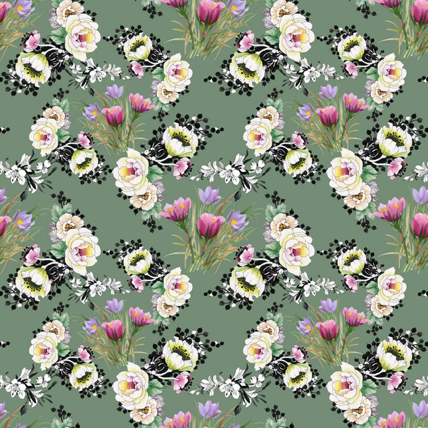 background with peonies and fairytale dream grass - Foto, afbeelding