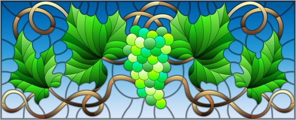 De afbeelding in gebrandschilderd glas stijl schilderij met een heleboel groene druiven en bladeren op blauwe achtergrond - Vector, afbeelding