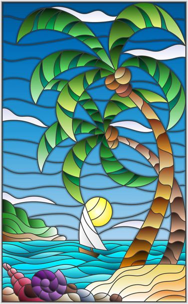 Εικονογράφηση στο λεκιασμένο γυαλί στυλ με μια τροπική θάλασσα, τοπίο, δέντρα καρύδας και κοχύλια στην αμμουδιά, ένα ιστιοφόρο με ένα λευκό πανί σε απόσταση στο φόντο των ηλιόλουστο ουρανό και τα σύννεφα - Διάνυσμα, εικόνα