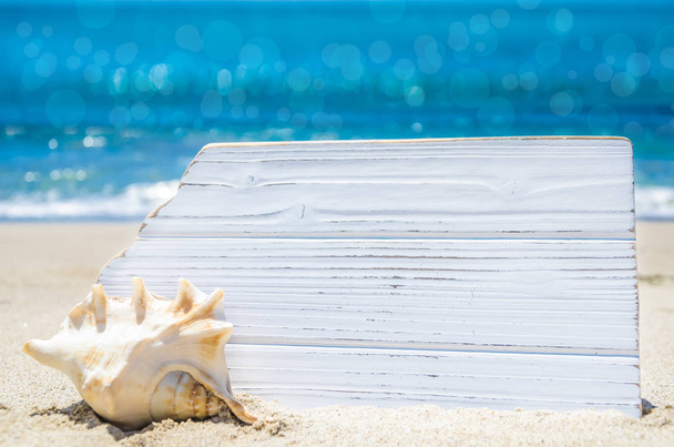 Tablero de madera blanca con concha marina en la playa de arena
 - Foto, Imagen