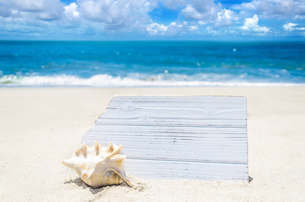 Panneau en bois blanc avec coquillage sur la plage de sable
 - Photo, image