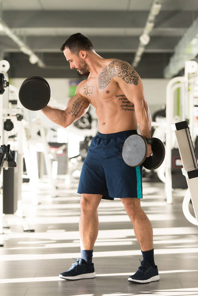 Bodybuilder Exercising Biceps With Dumbbells - Foto, Imagem
