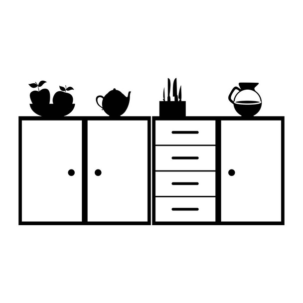 monochrome silhouette of kitchen shelf and drawers and tea kettle and coffee jar - Vector, Image
