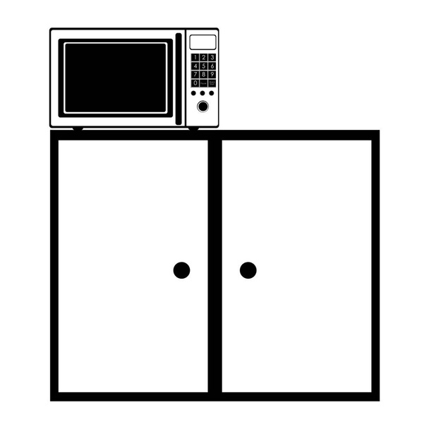 silhueta monocromática de prateleira de cozinha e gavetas com microondas
 - Vetor, Imagem
