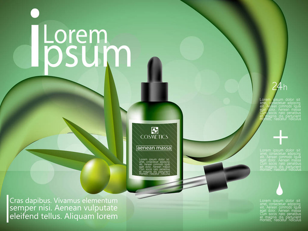 Premium-Serumwerbung, grüne Tropfenflasche mit Oliven auf abstraktem flüssigem Hintergrund. 3D-Vektor-Illustration. - Vektor, Bild