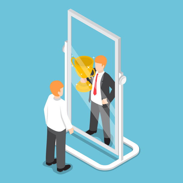 Изометрический бизнесмен видит себя успешным в зеркале
 - Вектор,изображение