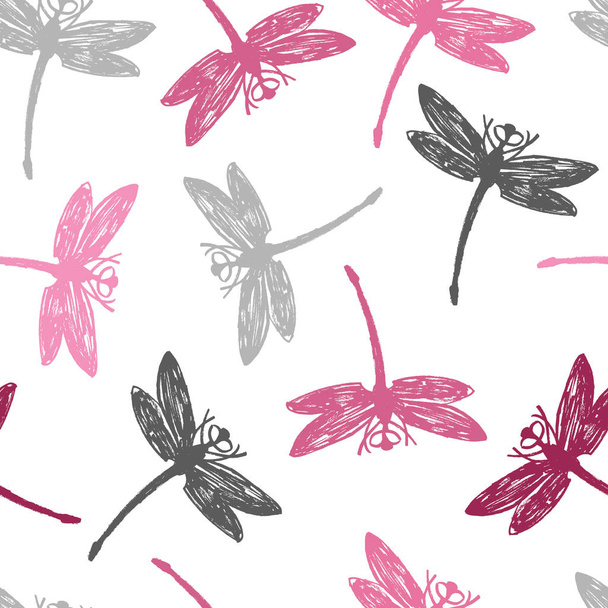 Gray and pink Dragonflies Seamless pattern - Vector, Image
