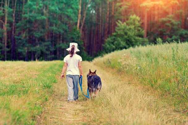 Little girl walking with dog - Zdjęcie, obraz