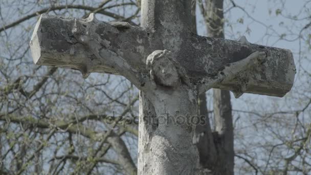 Oude grafsteen met Jezus kruis op een zonnige lentedag. Defocus van cross. 4k in Slog3. Middellange schot. - Video