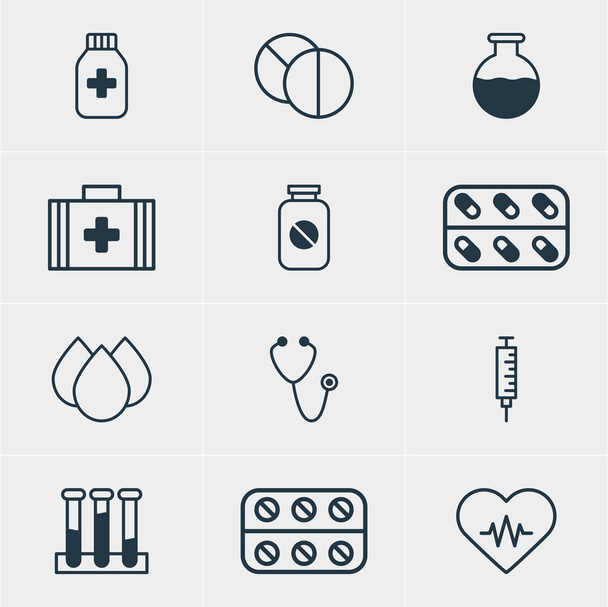 Illustration vectorielle de 12 icônes médicales. Pack modifiable de pot de médecine, légumineuses, comprimés ronds et autres éléments
. - Vecteur, image