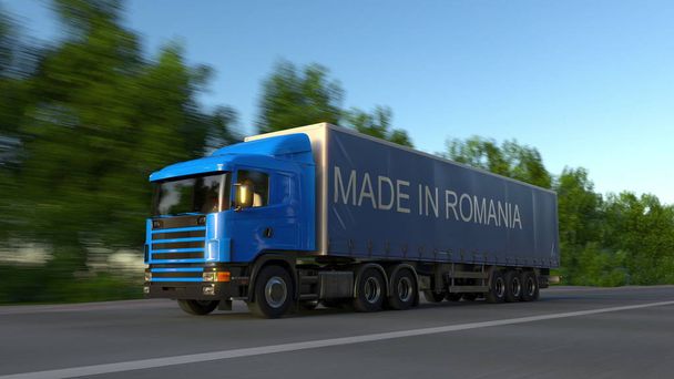 Speeding freight semi truck with MADE IN ROMANIA caption on the trailer. Road cargo transportation. 3D rendering - Photo, Image
