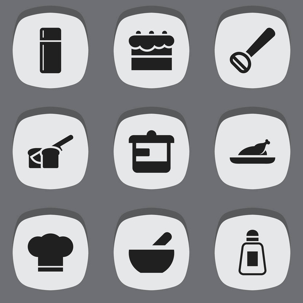 Set von 9 editierbaren Kochsymbolen. enthält Symbole wie Salzstreuer, Kühlschrank, gebratenes Huhn und vieles mehr. kann für Web-, Mobil-, UI- und Infografik-Design verwendet werden. - Vektor, Bild