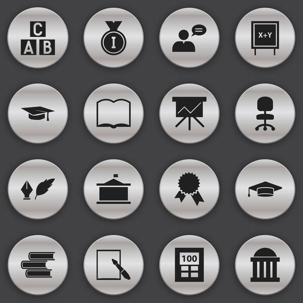 Set de 16 iconos editables de la universidad. Incluye símbolos como el primer lugar, medallón de la victoria, literatura y más. Puede ser utilizado para el diseño de la tela, móvil, interfaz de usuario e infografía
. - Vector, Imagen