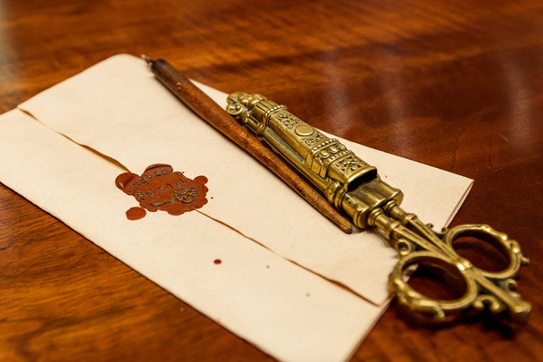 Letter with wax seal with Scissors for opening letters - Photo, image