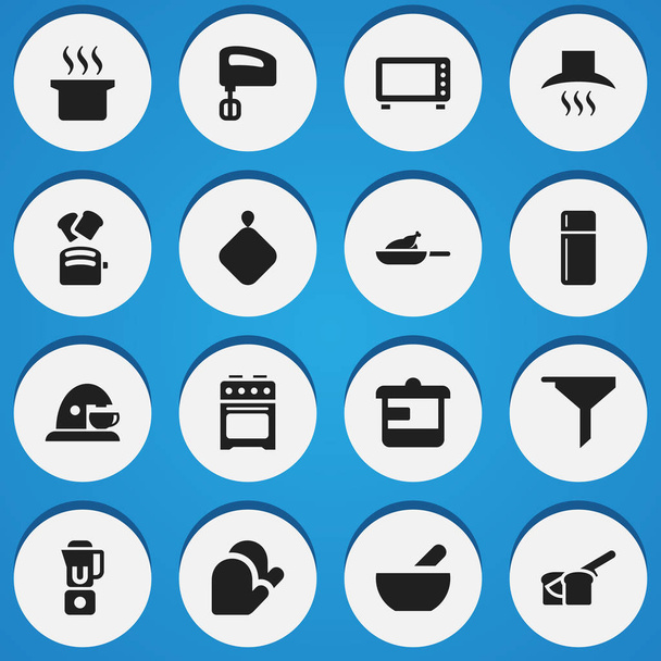Ensemble de 16 icônes de cuisine modifiables. Comprend des symboles tels que mélangeur à main, hotte de cuisine, porte-pot. Peut être utilisé pour le Web, mobile, interface utilisateur et infographie
. - Vecteur, image