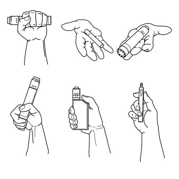 Set of hands holding vape devices and cigarette. - Vector, Imagen