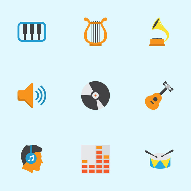 Audio-Flat-Icons gesetzt. Sammlung von Controlling, Pianoforte, männlichen und anderen Elementen. beinhaltet auch Symbole wie Kopfhörer, Equalizer,. - Vektor, Bild