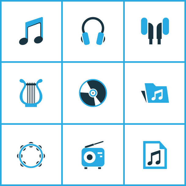 Audio Colored Icons Set. Collection Of Radio, Folder, Harp And Other Elements. Also Includes Symbols Such As Playlist, Percussion, Earmuff. - Vector, Image