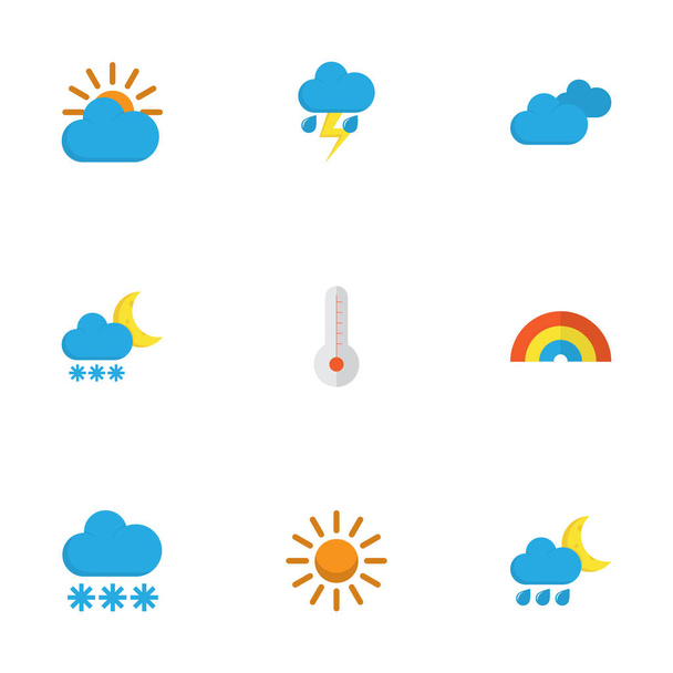 Clima Conjunto de ícones planos. Coleção de temperatura, neve, nublado e outros elementos. Também inclui símbolos como surto, sol, temperatura
. - Vetor, Imagem