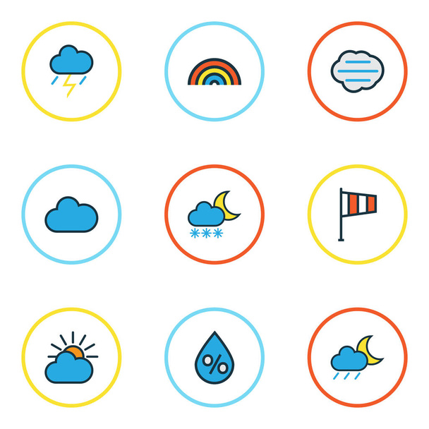 Set di profili colorati per il clima. Collezione di Tempesta, Tuono, Giorno nuvoloso e altri elementi. Include anche simboli come congelare, arcobaleno, goccia
. - Vettoriali, immagini