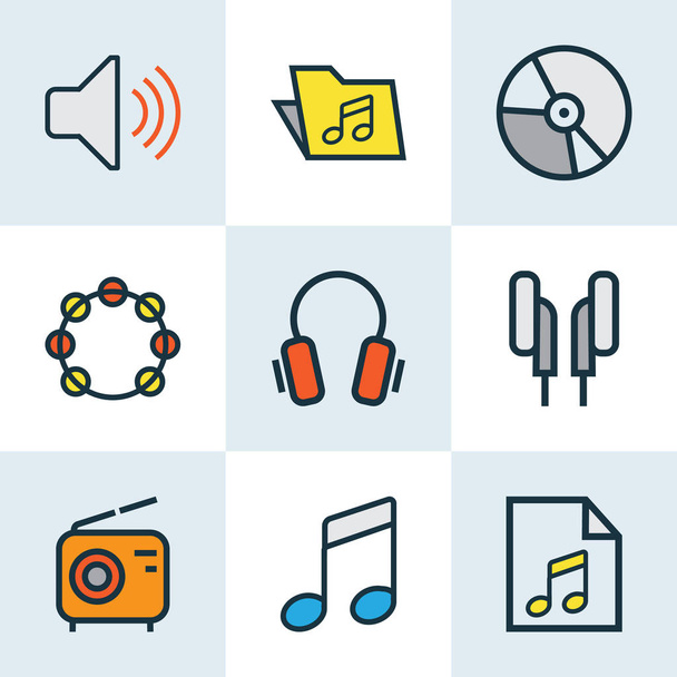Audio Colored Outlines Set. Collection Of Headphones, Set, Volume And Other Elements. Also Includes Symbols Such As Template, Instrument, Tambourine. - Vector, Image