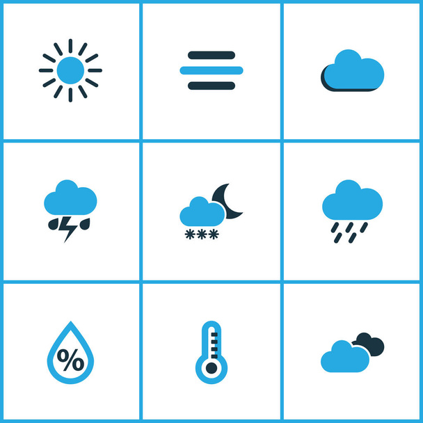 Ilmasto värilliset kuvakkeet Set. Kokoelma lumimyrsky, sumu, pilvinen taivas ja muut tekijät. Sisältää myös symbolit kuten Cloud, Rainstorm, Sää
. - Vektori, kuva