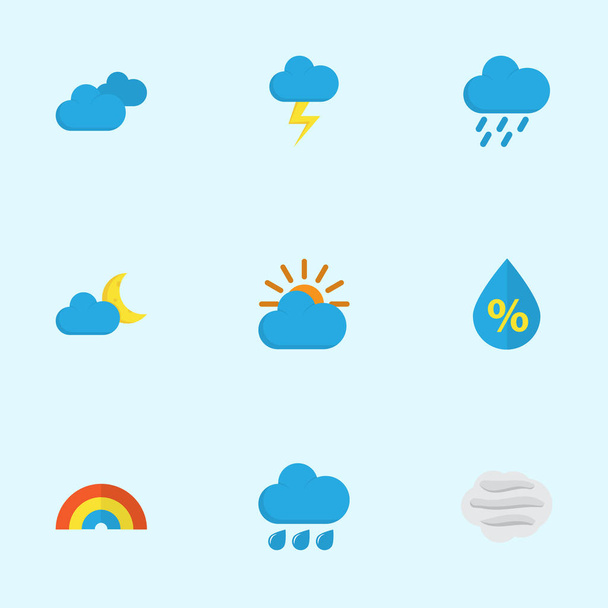 Nature Flat Icons Set. Raccolta di pioggia, nuvoloso, goccia e altri elementi. Include anche simboli come fulmini, vento, gocciolamento
. - Vettoriali, immagini