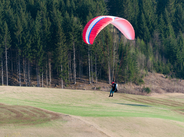 Paragliding flight. landing on the ground - Valokuva, kuva