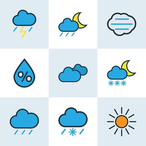 Climate Colored Outlines Set. Collection Of Overcast Weather, Thunderstroke, Lunar And Other Elements. Also Includes Symbols Such As Moon, Cloud, Wind. - Vector, Image
