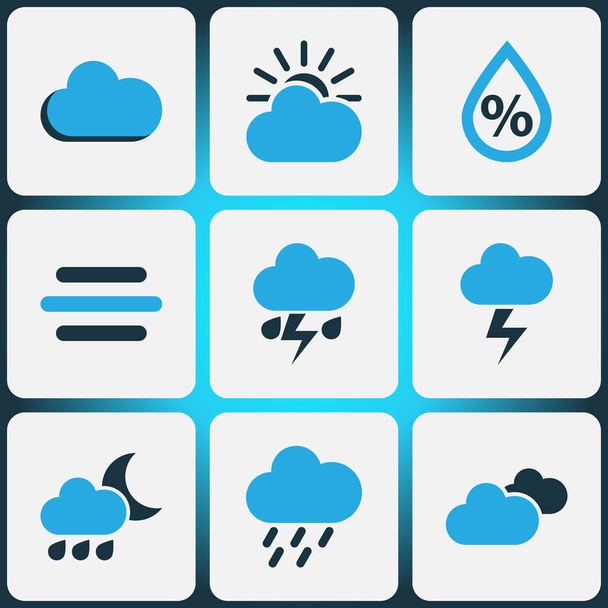 Nature Colored Icons Set. Collection Of Breeze, Cloudy Sky, Humidity And Other Elements. Also Includes Symbols Such As Overcast, Rainfall, Rain. - Vector, Image
