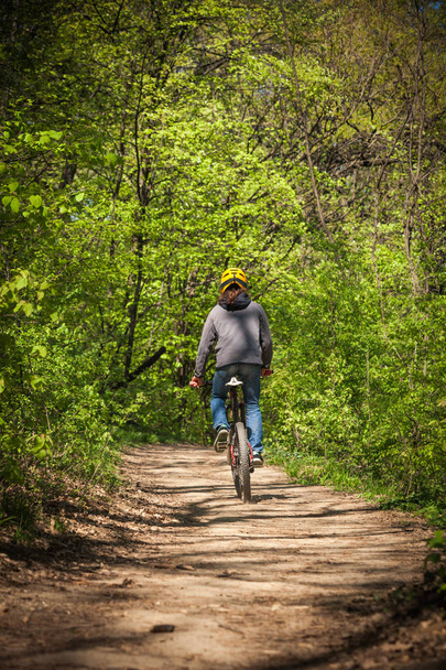 людина їде на гірському велосипеді через ліс
 - Фото, зображення