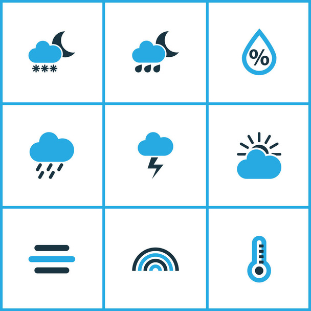 Klimaat gekleurd Icons Set. Collectie van bliksem, motregen, Blizzard en andere elementen. Ook symbolen zoals Blizzard, Arc, Gust. - Vector, afbeelding