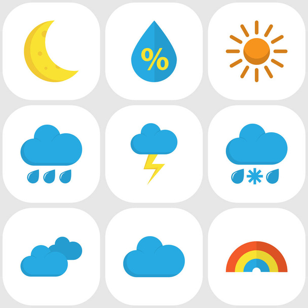 Climate Flat Icons Set. Collection Of Bow, Rain, Drop And Other Elements. Also Includes Symbols Such As Sun, Crescent, Drip. - Vector, Image
