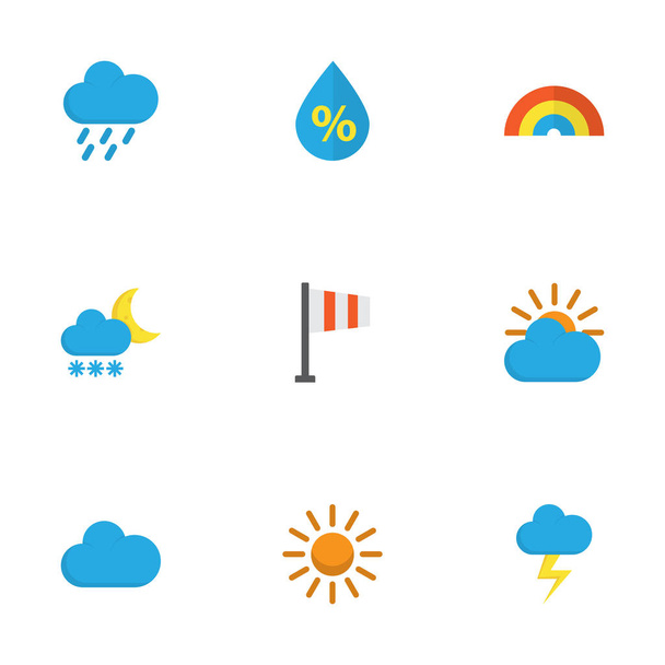 Tiempo Iconos Planos Conjunto. Colección de Frosty, Sunny, ducha y otros elementos. También incluye símbolos tales como escarcha, lluvia, bandera
. - Vector, Imagen