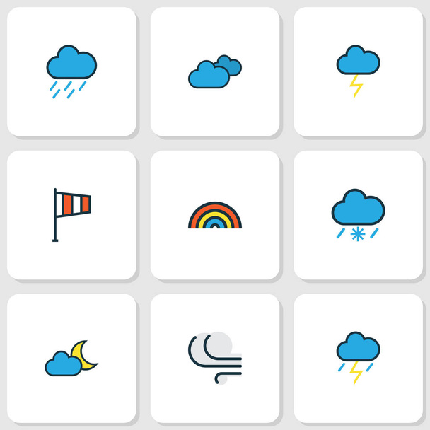 Набор погодных контуров. "Collection Of Rainbow, Hazy, Windy And Other Elements". Also Includes Symbols such as Storm, Cloudburst, Hazy
. - Вектор,изображение