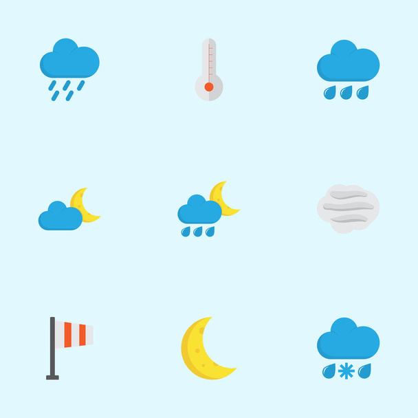 Platte weerpictogrammen instellen. Collectie van regen, maan, Banner en andere elementen. Ook symbolen zoals Crescent, hagelstormen, zon. - Vector, afbeelding