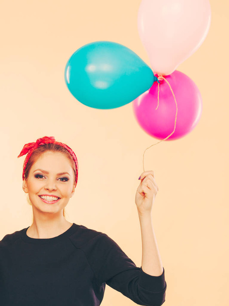 Happy smiling woman with balloons. - Zdjęcie, obraz